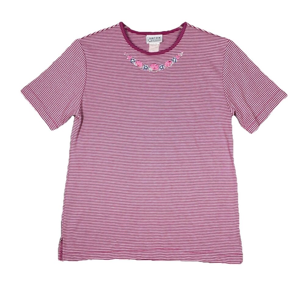 Jantzen Shirt‎ Womens Large Pink White Striped Floral Embroidered Tee Vintage